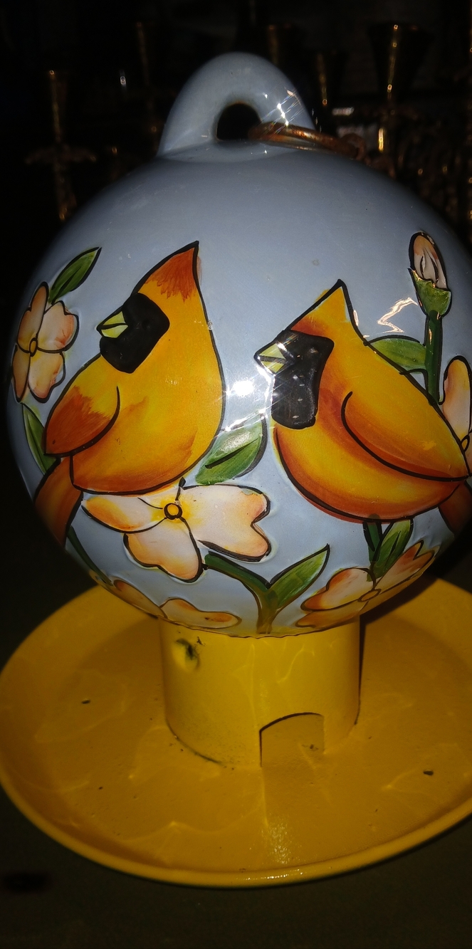 Ceramic Cardnial Pair Globe Bird Feeder.